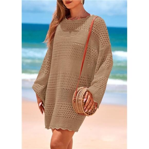 NEW -  Khaki Swimsuit Cover Ups Crochet‎ Knit Bathing Suit Swimwear - Picture 5 of 6